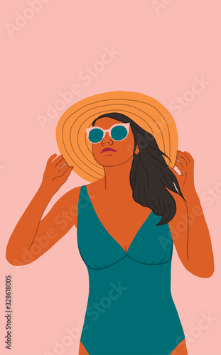 Hand drawn vector illustration with happy young woman in swimsuit on pink background. Flat style design. Special Hot Sales or vacation offer concept, element for poster, banner, card or web page