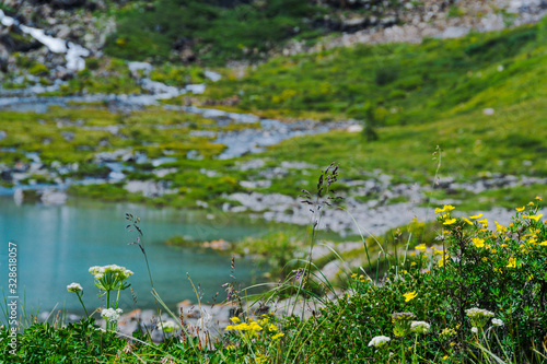 sea bay with stone shore  turquoise lake in rocks  mountain river with blue water