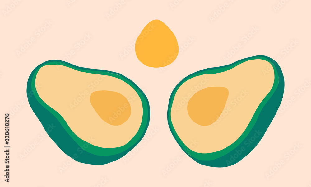 Modern flat cut avocado, two halves and seed. Colorful Isolated fruit on biege background. Vector illustration of healthy food. Perfect for t shirt print, poster, paper eco bag design, element s menu Modern flat cut avocado, two halves and seed. Colorful Isolated fruit on biege background. Vector illustration of healthy food. Perfect for t shirt print, poster, paper eco bag design, element s menu