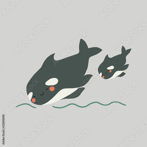 Cute flat killer whale drawing. Adorable little cartoon orca vector illustration. Childish rare animal wild ocean concept