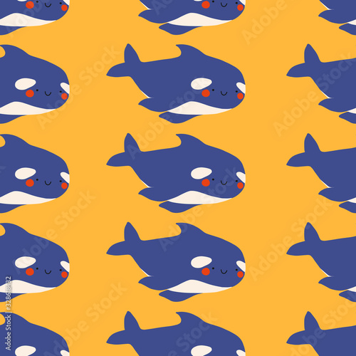 Cute flat killer whale seamless pattern. Adorable little cartoon orca vector illustration. Childish ornament for textile, fabric, print, wallpaper, wrap paper