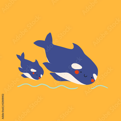 Cute flat killer whale drawing. Adorable little cartoon orca vector illustration. Childish rare animal wild ocean concept