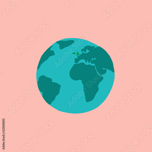 A hand drawn flat globe on pink background. Postcard for the Earth day. Vector Illustration with save the planet meaning. Perfect for print, cards, posters, booklet, design