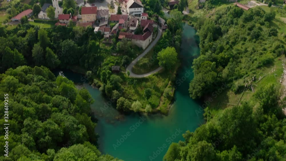 Drone flying above the landscape in Rastoke Croatia