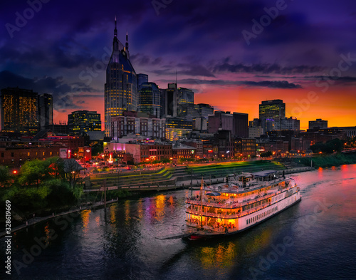 Nashville at Sunset with riverboat