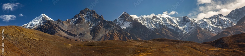 Wide Panoramic Landscape Scenic View of Snowy Himalaya Mountain Range from Lupra Pass on Annapurna Circuit Trekking Route