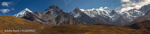 Wide Panoramic Landscape Scenic View of Snowy Himalaya Mountain Range from Lupra Pass on Annapurna Circuit Trekking Route