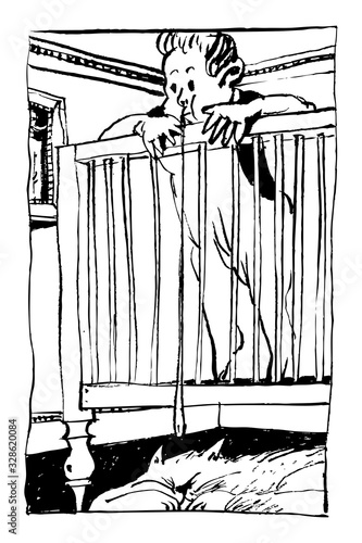 Image of a boy spitting in a sleeping cat. Calligraphy. Black and white vector illustration. Can be used as background, poster, print design, greeting card, print on a t-shirt.