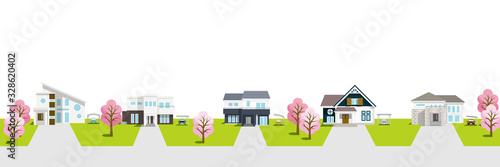 Residential area townscape with cherry trees ,white background
