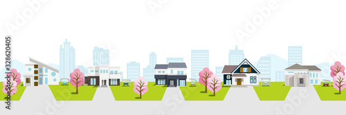Residential area townscape with cherry trees incluede sihouette of building  ,white background