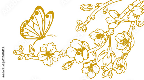Butterfly and cherry blossom twigs - line art