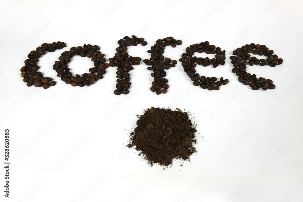 The coffee beans are arranged in alphabetical order and the coffee powder is on a white background. The coffee beans are arranged in alphabetical order and the coffee powder is on a white background.
