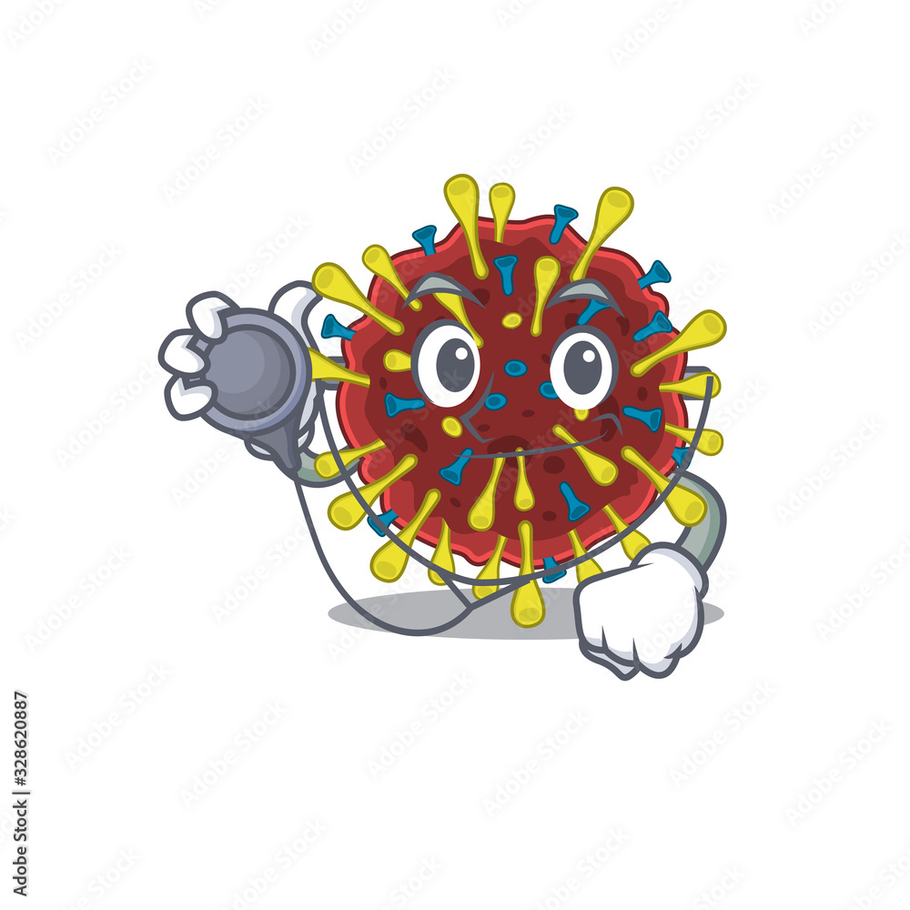 An elegant corona virus molecule in a Doctor Cartoon character with tools An elegant corona virus molecule in a Doctor Cartoon character with tools