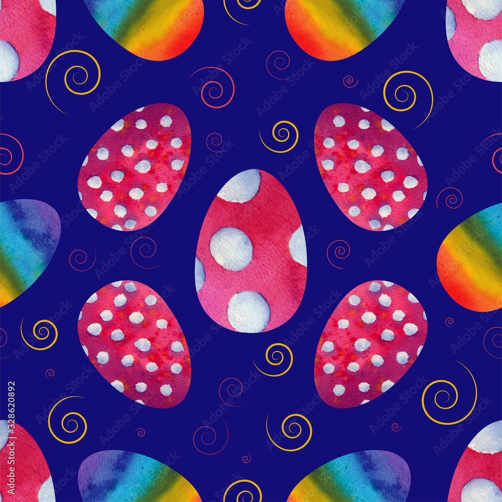 Colorful Easter eggs on a blue background. Seamless patterns. Watercolor Colorful Easter eggs on a blue background. Seamless patterns. Watercolor