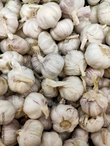 lots of white garlic on the store counter top view