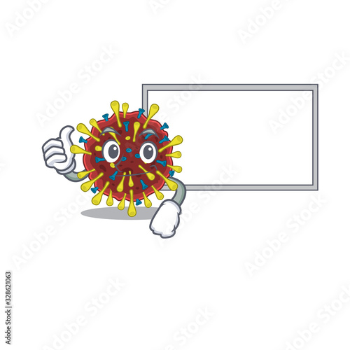 cute corona virus molecule cartoon character Thumbs up bring a white board