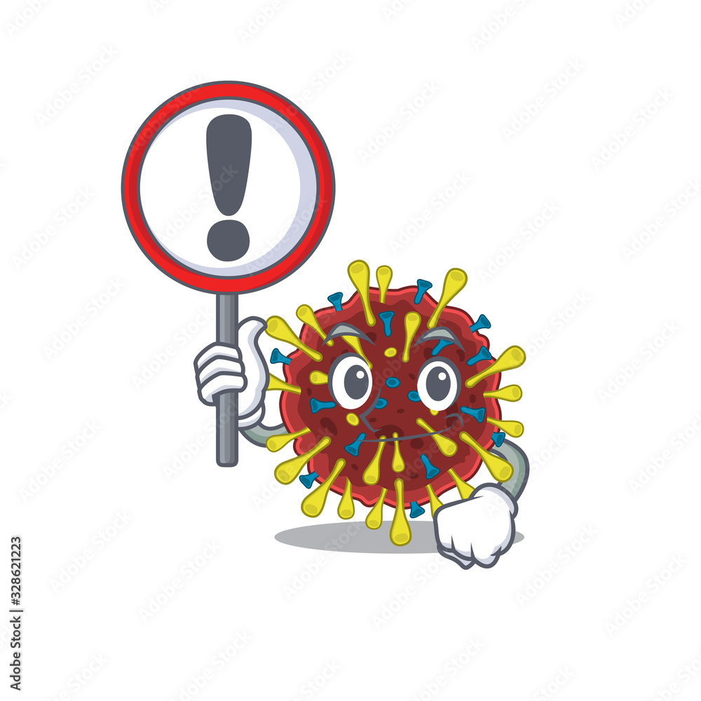 Cheerful cartoon style of corona virus molecule holding a sign Cheerful cartoon style of corona virus molecule holding a sign
