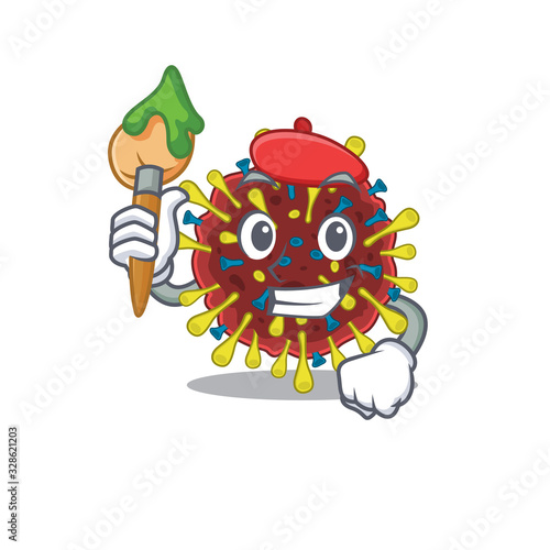 Talented corona virus molecule Artist cartoon character with brush