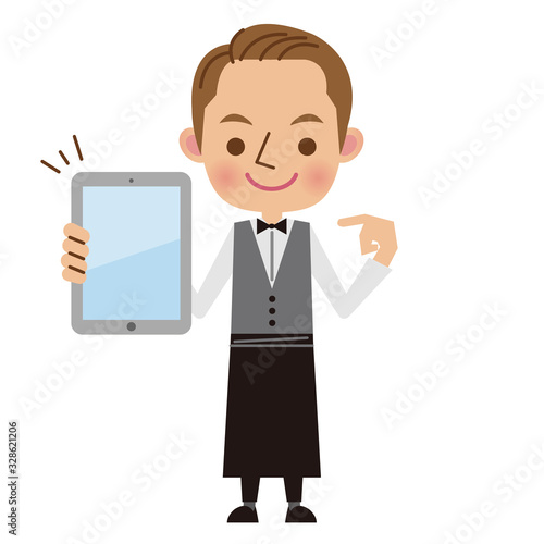 タブレット端末を持つウェイター