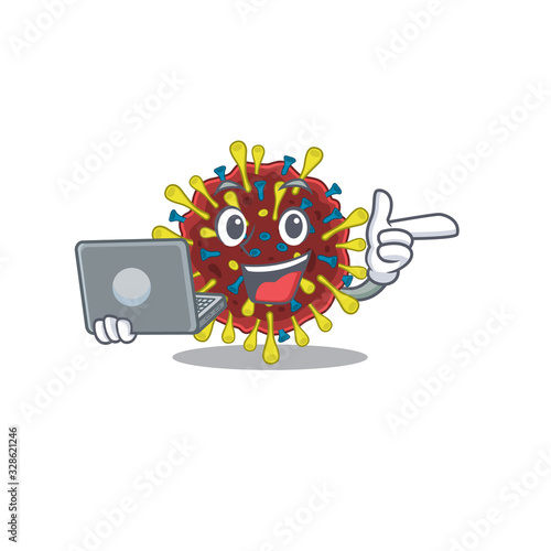 An icon of smart corona virus molecule working with laptop