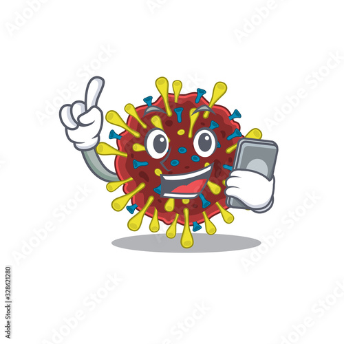 Mascot design of corona virus molecule speaking on phone