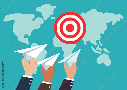 Business people with paper planes. Communication and teamwork illustration. Hands sending paper planes in the goal. Business success and competition vector concept