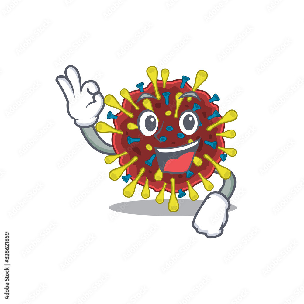 Corona virus molecule cartoon character design style making an Okay gesture