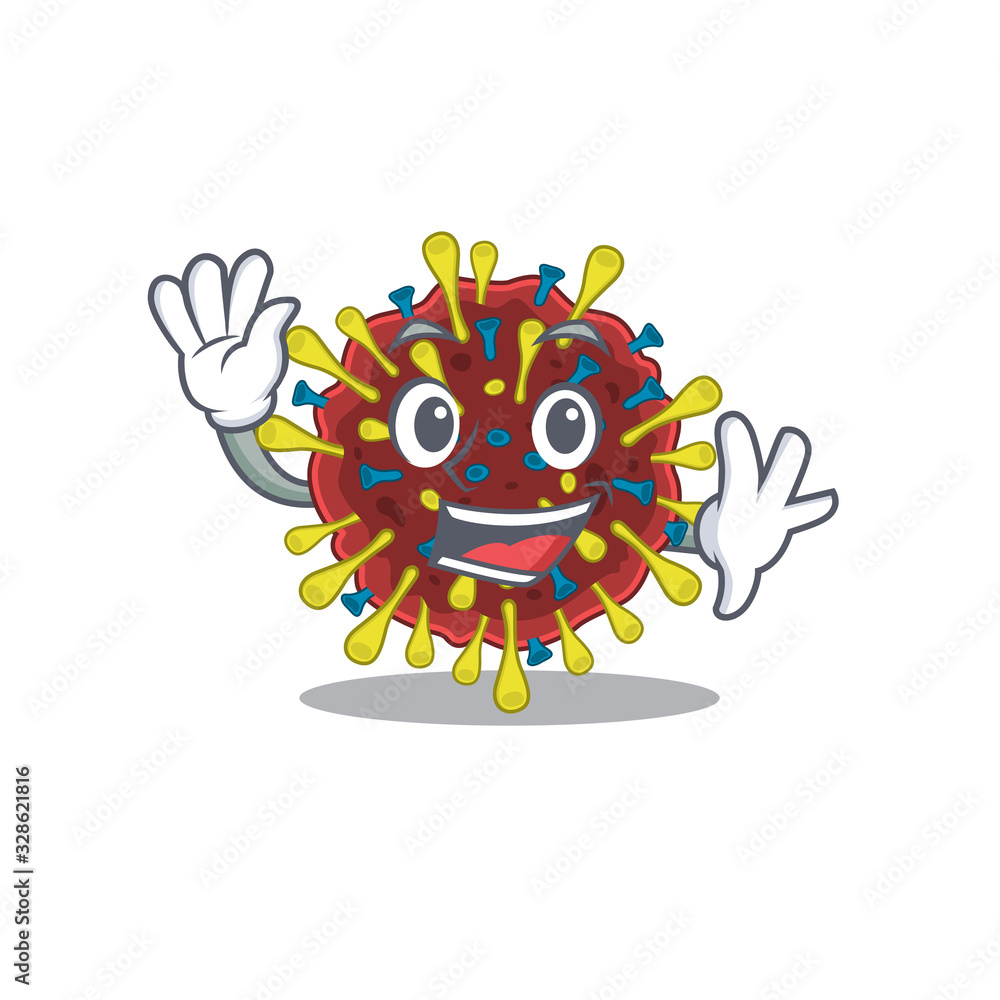 Smiley corona virus molecule cartoon mascot design with waving hand Smiley corona virus molecule cartoon mascot design with waving hand