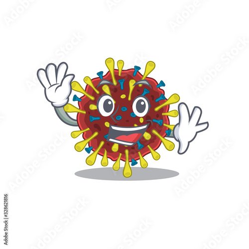 Smiley corona virus molecule cartoon mascot design with waving hand