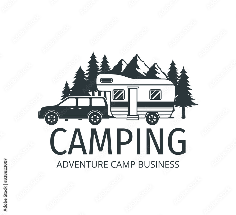 camping car trailer in the middle of jungle of pine trees for outdoor camp adventure vector logo design