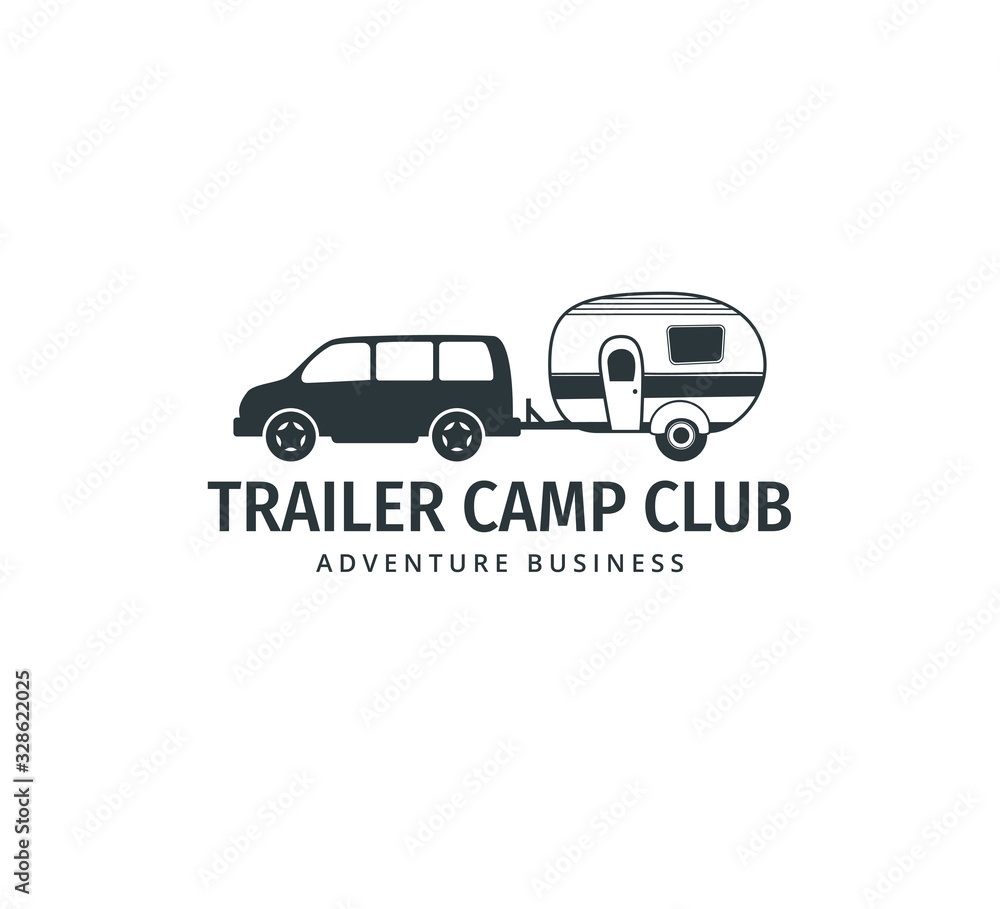 car towing a camping trailer for road trip camp adventure vector logo design