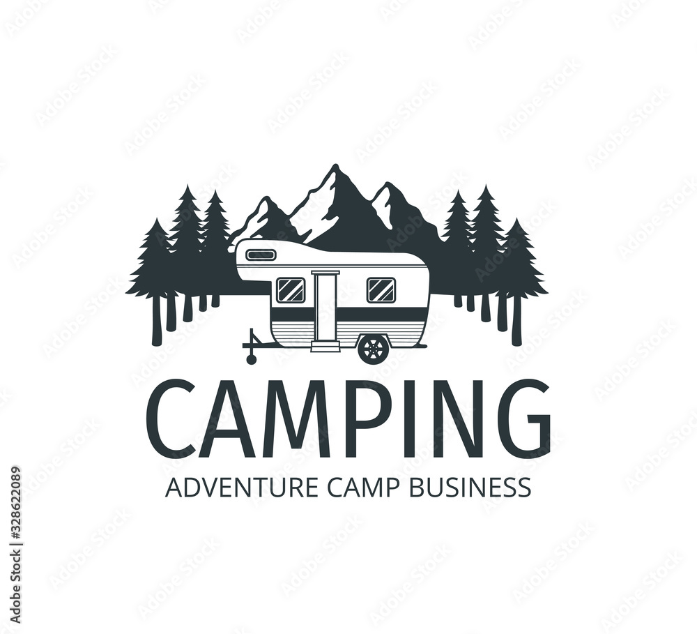 camping car trailer in the middle of jungle of pine trees for outdoor camp adventure vector logo design