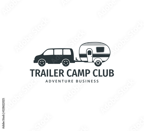 car towing a camping trailer for road trip camp adventure vector logo design