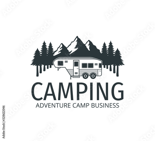 camping car trailer in the middle of jungle of pine trees for outdoor camp adventure vector logo design