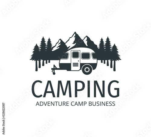 camping car trailer in the middle of jungle of pine trees for outdoor camp adventure vector logo design