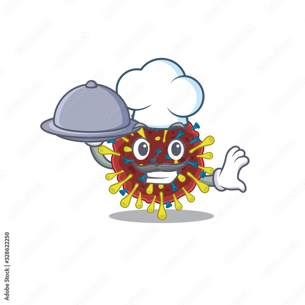Corona virus molecule as a chef cartoon character with food on tray Corona virus molecule as a chef cartoon character with food on tray