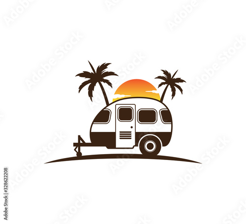 camp trailer standing in front of sunset and palm tree silhouette for beach holiday camping adventure logo design
