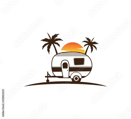 camp trailer standing in front of sunset and palm tree silhouette for beach holiday camping adventure logo design