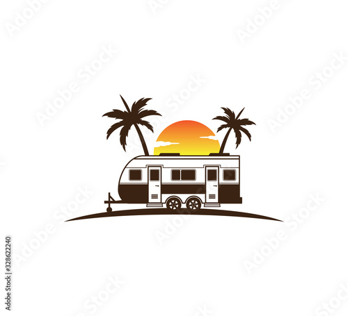 camp trailer standing in front of sunset and palm tree silhouette for beach holiday camping adventure logo design