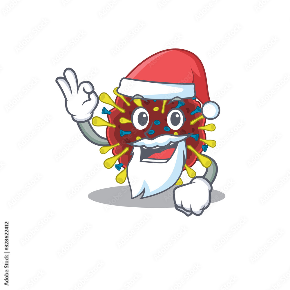 Corona virus molecule in Santa cartoon character design showing ok finger