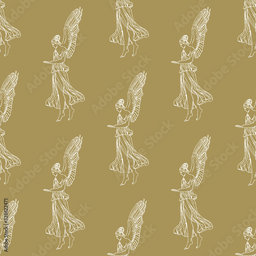 Seamless repeating monochrome pattern with hand drawn silhouetted linear sketches of vintage angel or antique winged goddess.