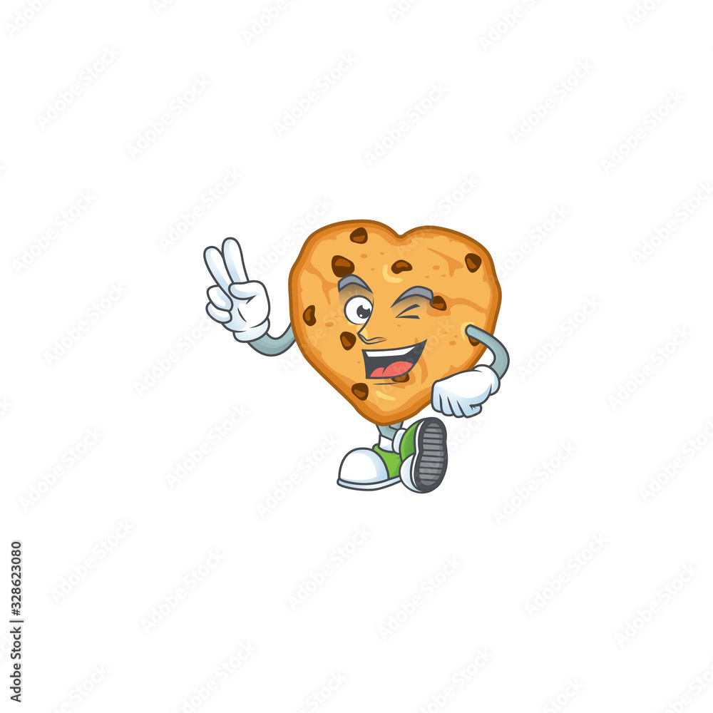 A joyful chocolate chips love mascot design showing his two fingers