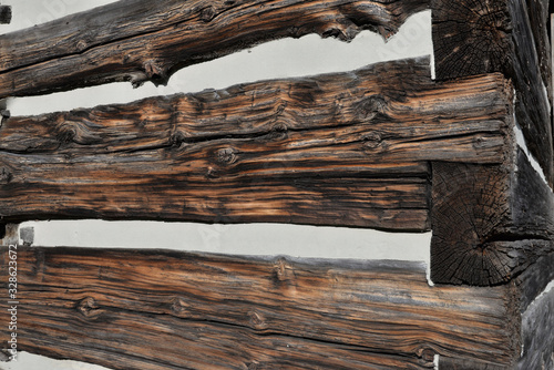 Detail of wooden log church exterior, Madill, Ontario, Canada. photo