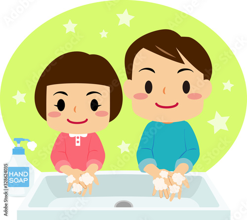 手を洗う男の子と女の子のイラスト