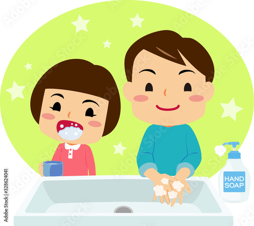 手を洗う男の子とうがいをする女の子のイラスト