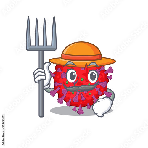 Coronavirus particle in Farmer cartoon character with hat and pitchfork