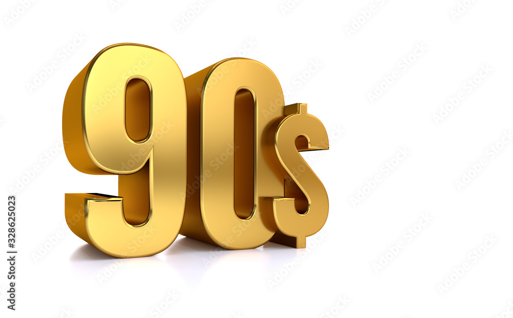 90$. ninety price symbol. gold text 3d render. on white background 90$. ninety price symbol. gold text 3d render. on white background