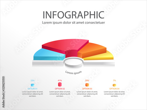 Colourful half pie chart infographic with 3d half of a business pie chart