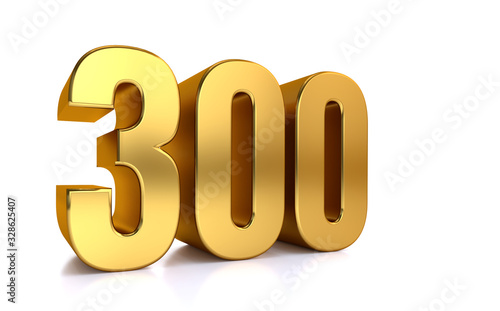 three hundred, 3d illustration golden number 300 on white background and copy space on right hand side for text