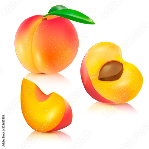 Vector peach set illustration. 3d Realistic vector peach set. Vector peach set isolated on white background.